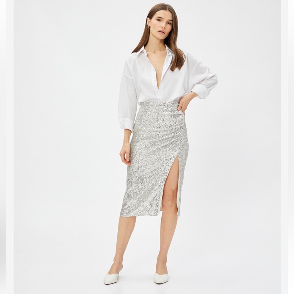 Sequined Slit silver elegant Midi Skirt